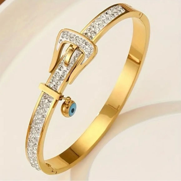 Gold and White Bracelet with Gemstone Buckle & Lucky eye charm 14k plated - Picture 1 of 5
